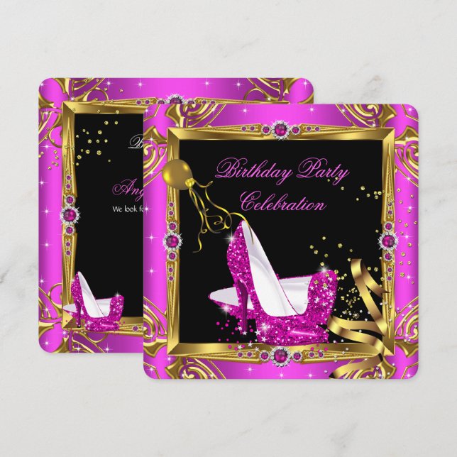 Glitzer Hot Pink High Heel Schuhe Gold Schwarzes P Einladung (Vorne/Hinten)