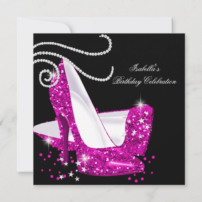 Glitzer Hot Pink High Heels Black Birthday Party Einladung (Vorderseite)