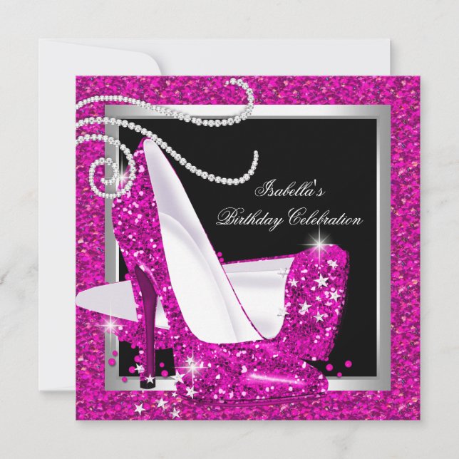 Glitzer Hot Pink High Heels Black Birthday Party Einladung (Vorderseite)