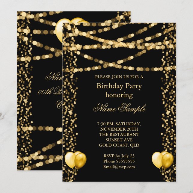 Glitzer Imitate Fohlen Gold Balloons Black Birthda Einladung (Vorne/Hinten)