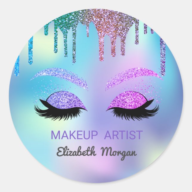 Glitzer Imitate Lashes, Regenbogen-Tropfen Hologra Runder Aufkleber (Vorderseite)