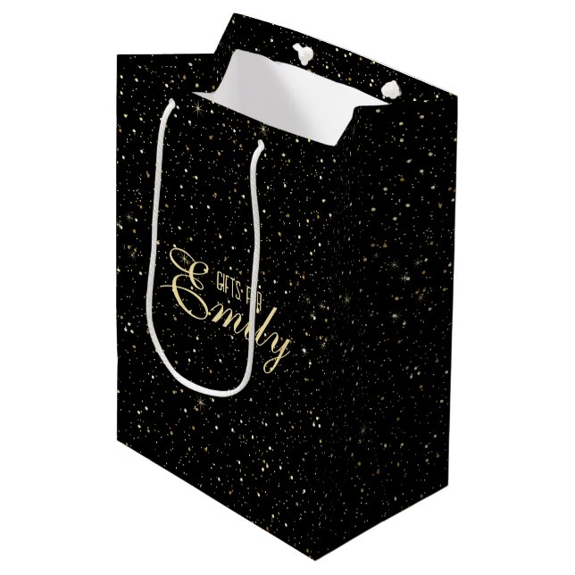Glitzer in Goldtönen und Glitzern in Schwarz Mittlere Geschenktüte (Vorderseite Schrägansicht)