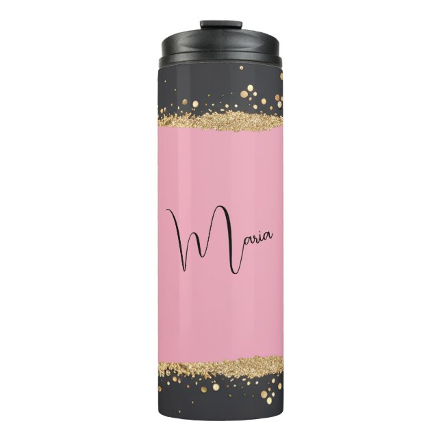 Glitzer in Rosa, Schwarz und Gold Thermosbecher (Vorderseite)