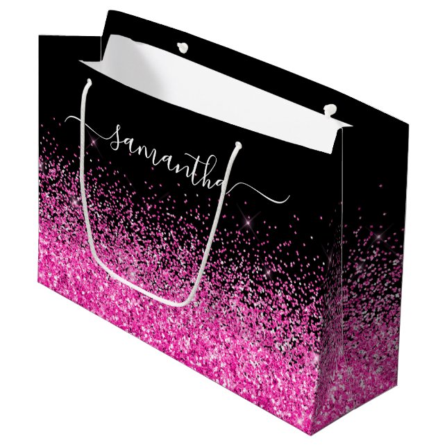 Glitzer in Schwarz und Heiß Rosa Eleganter Name Große Geschenktüte (Vorderseite Schrägansicht)