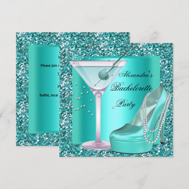 Glitzer Junggeselinnen-Abschied Aqua Aquamarin Blu Einladung (Vorne/Hinten)