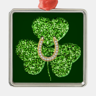Glitzer Kleeblatt und Hufeisen Quadrat Ornament Aus Metall