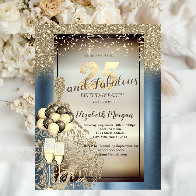 Glitzer Kleid, Balloons, Blue Metallic 25. Geburts Einladung (Von Creator hochgeladen)