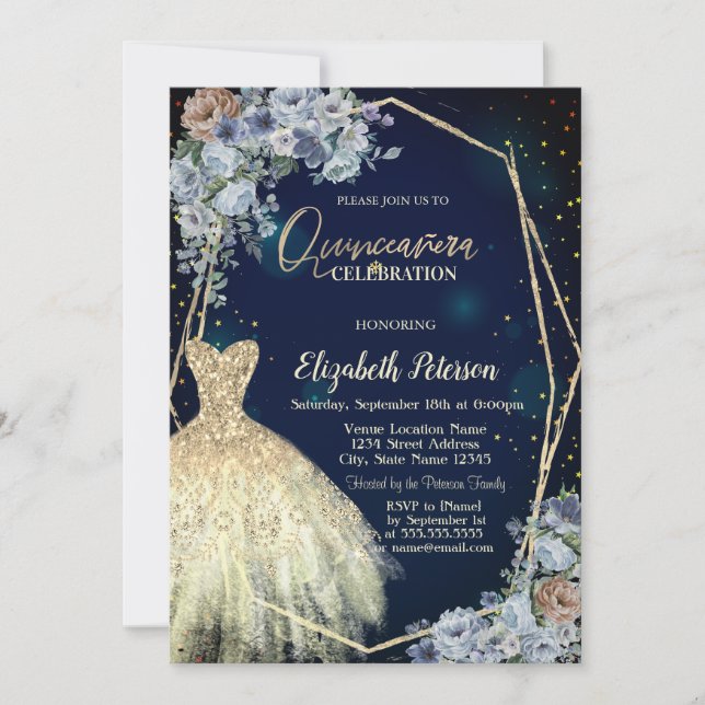 Glitzer Kleid, Blumen Quinceanera Einladung (Vorderseite)