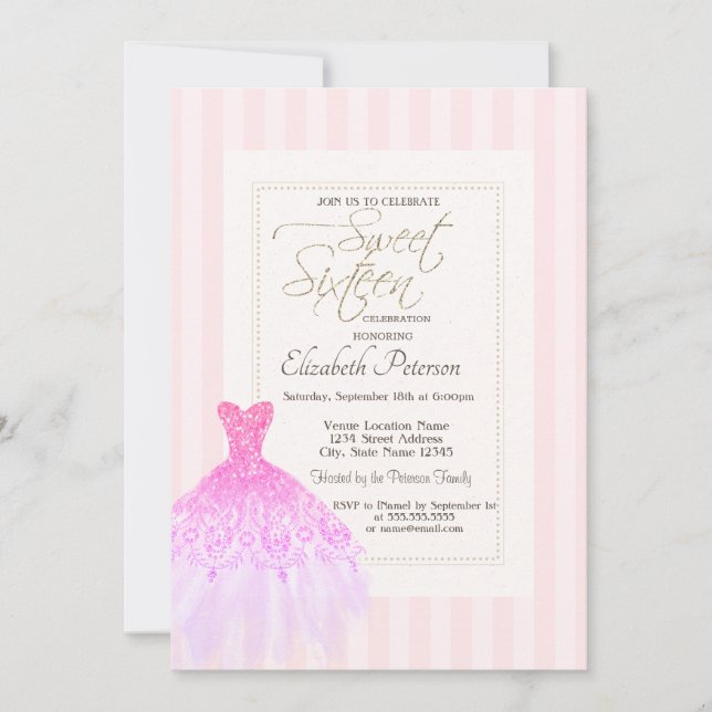 Glitzer Kleid Rosa Streifen Sweet 16 Einladung (Vorderseite)
