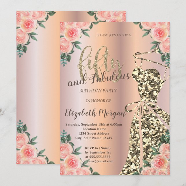 Glitzer Kleid, Rose Gold Blütenblume 50. Geburtsta Einladung (Vorne/Hinten)