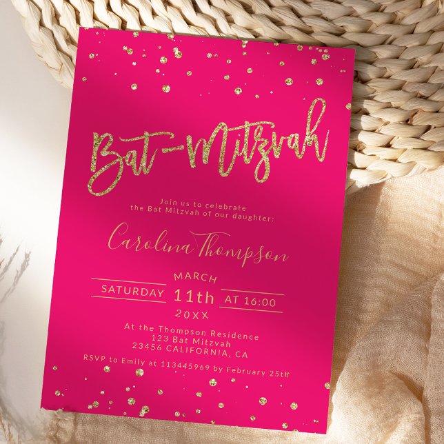 Glitzer Konfetti Neonrosa Bat Mitzvah Foto Einladung (Gold glitter confetti neon pink Bat Mitzvah photo Invitation)