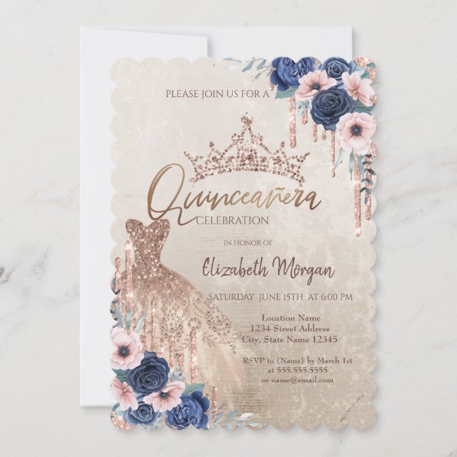 Glitzer Kronen-Tropfen, Kleid, blaue Rose Quinceañ Einladung (Vorderseite)