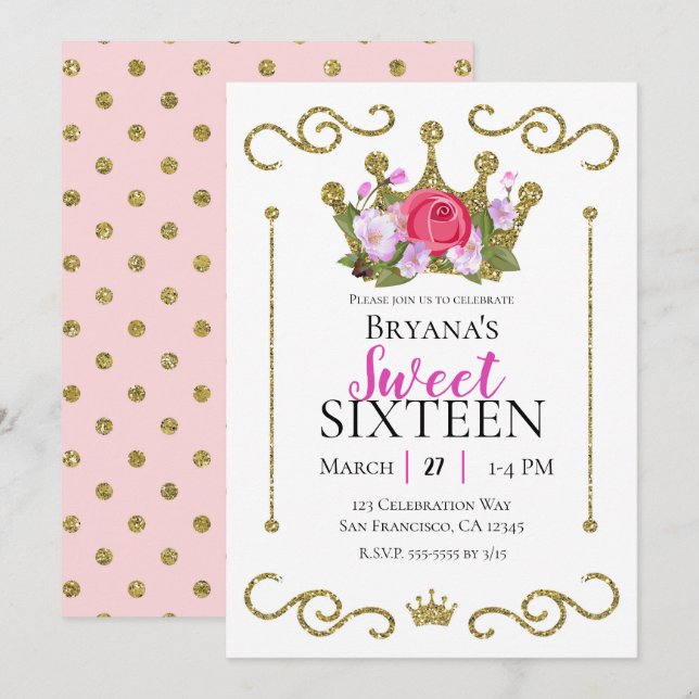Glitzer Kronenblumendots Süß 16 Party Einladung (Vorne/Hinten)
