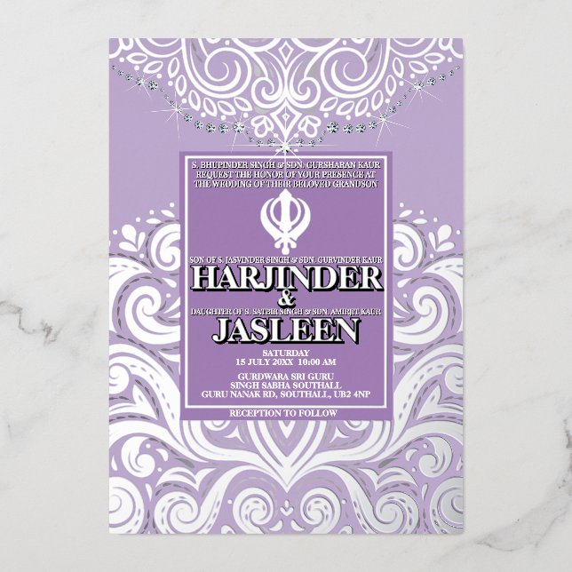 Glitzer Lavender Silver Sikh Anand Karaj Wedding Folieneinladung (Vorderseite)