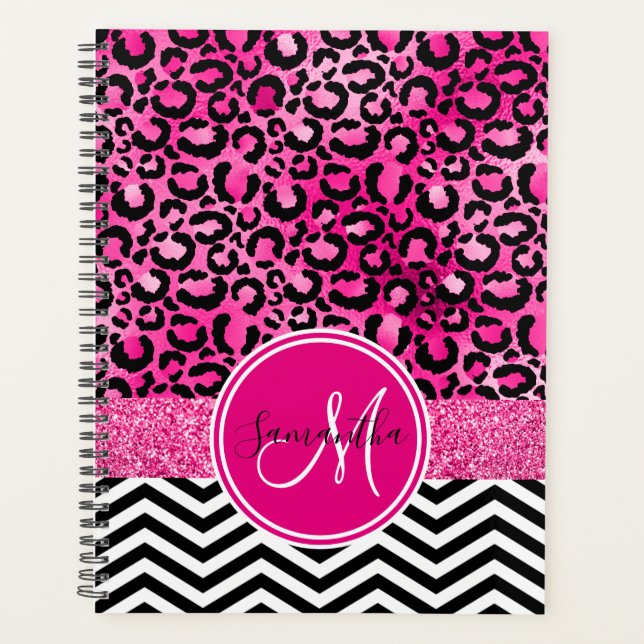 Glitzer Leopard Print Monogram, Hot Pink Imitats Planer (Vorderseite)