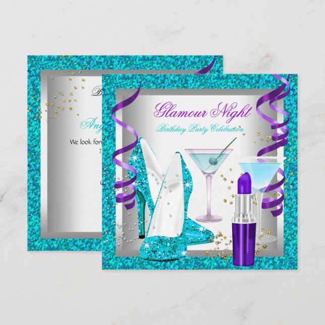 Glitzer Lila Aquamariner Glamour Night Martini Par Einladung (Vorne/Hinten)