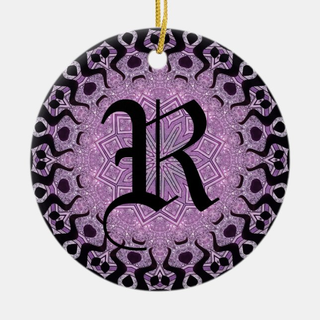 Glitzer Lila Black Tribal Monogramm Keramik Ornament (Vorne)