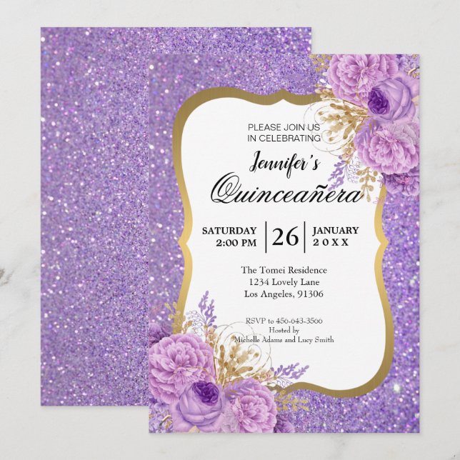 Glitzer Lila Blumenzwiebeln Einladung (Vorne/Hinten)