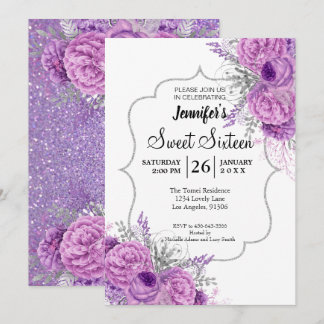Glitzer Lila Blütensüß 16 Geburtstagseinladung Einladung