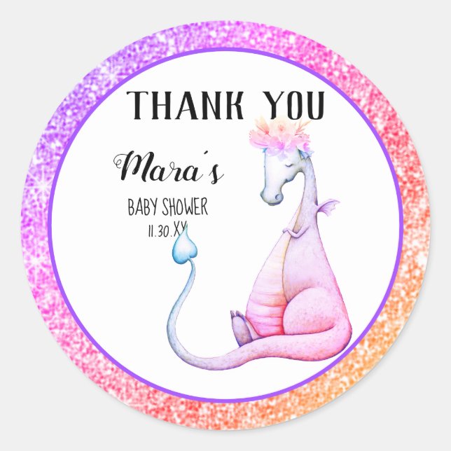 *~* Glitzer Lila Dragon Baby Girl Vielen Dank Runder Aufkleber (Vorderseite)