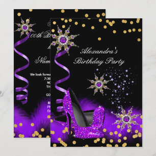 Glitzer Lila High Heel Black Gold Geburtstagsparty Einladung