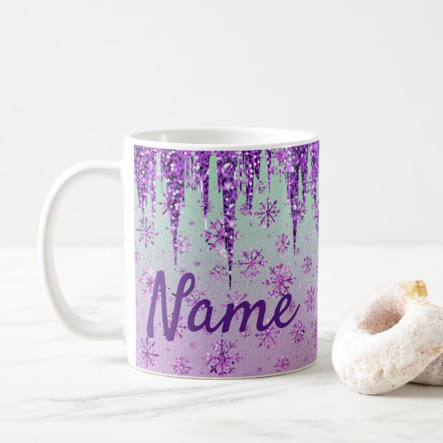 Glitzer Lila Schneeflocken Design Kaffeebecher Tas Kaffeetasse (Mit Donut)