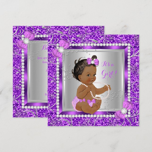 Glitzer Lila Silver Baby Shower Girl Ethnic Einladung (Vorne/Hinten)