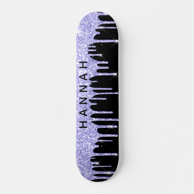 Glitzer Lila Tropfen Personalisiert Black Skateboard (Vorne)
