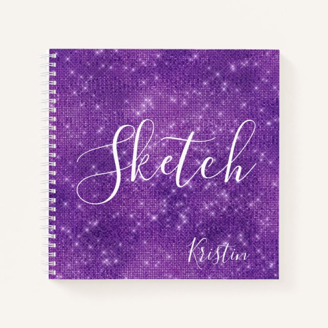 Glitzer Lila White Script Ihr Name Sketchbook Notizbuch (Vorderseite)