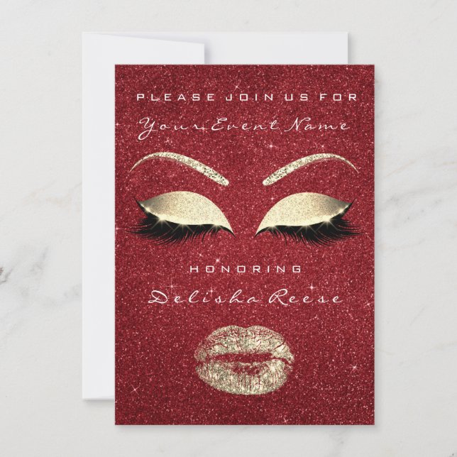 Glitzer Lips Glitzer Brautparty Rotes Gold Makeup Einladung (Vorderseite)