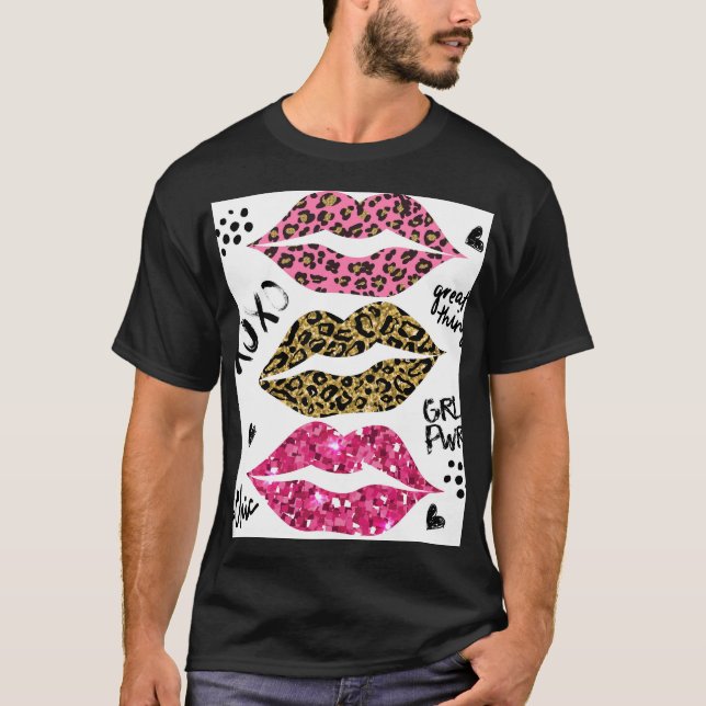 Glitzer Lips: modische Leopard-Printwerbung T-Shirt (Vorderseite)