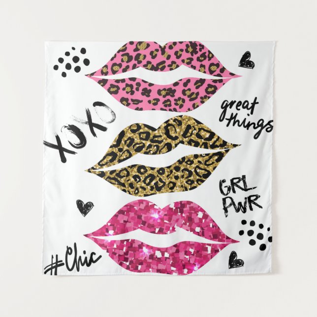Glitzer Lips: modische Leopard-Printwerbung Wandteppich (Vorderseite)
