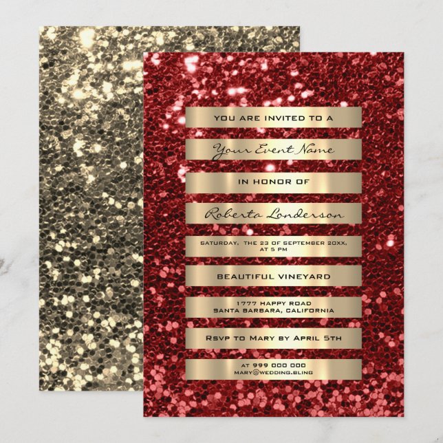Glitzer Luxury Gold Streifen Champagne Rubin Red Einladung (Vorne/Hinten)