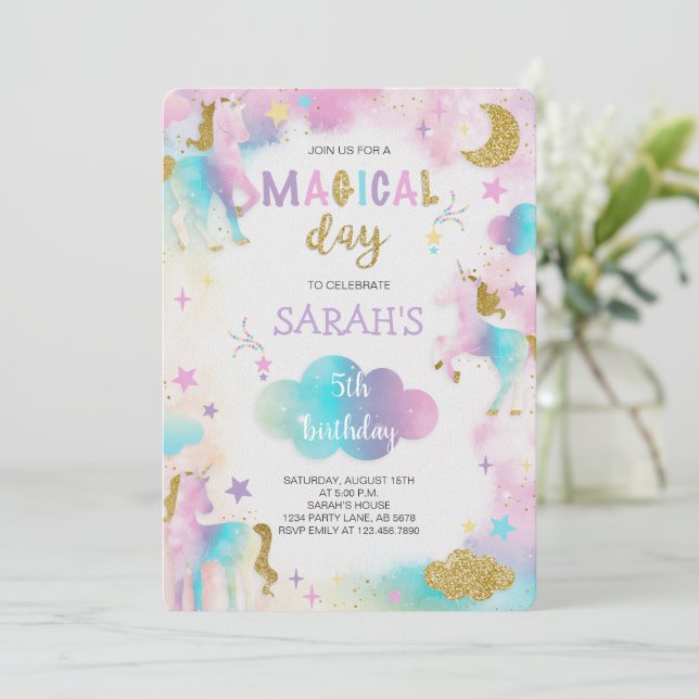 Glitzer Magical Unicorn Geburtstag Einladung (Stehend Vorderseite)