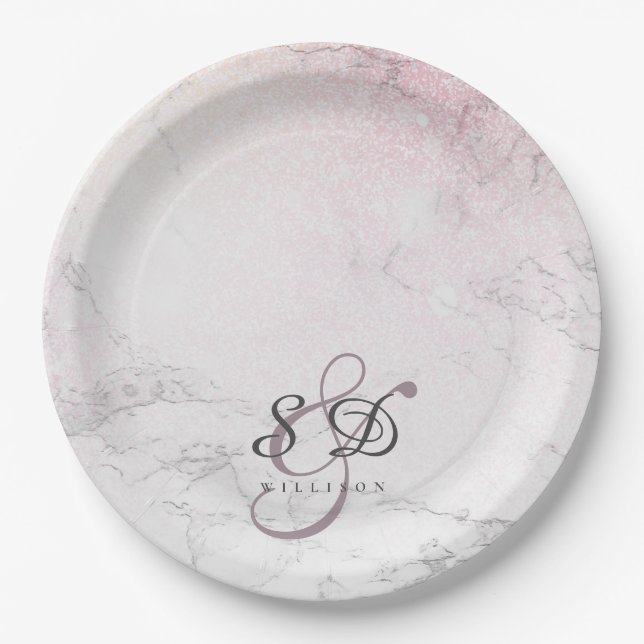 Glitzer Marble-Paar-Monogramm Pappteller (Vorderseite)