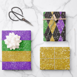 Glitzer Mardi Gras Harlequin Raute Streifen Geschenkpapier Set