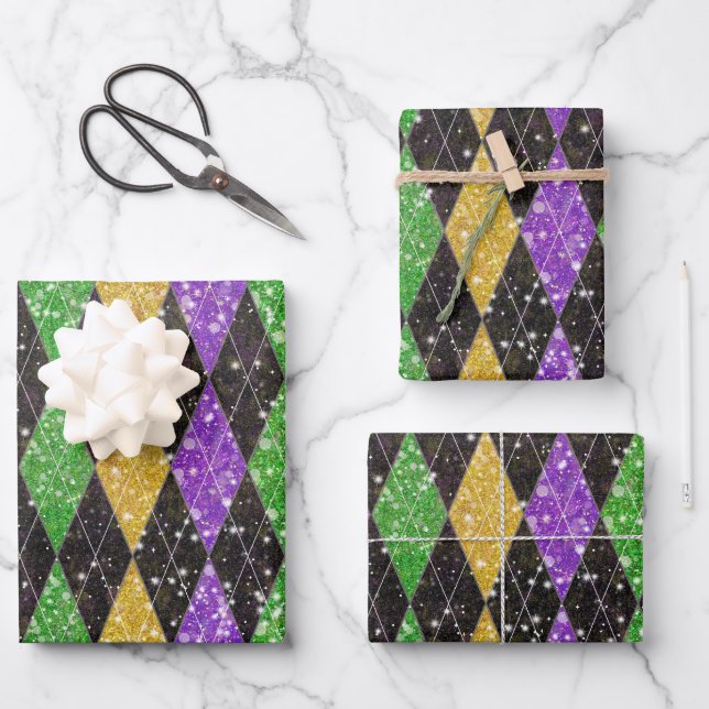 Glitzer Mardi Gras Harlequin Raute Wrapping Paper Geschenkpapier Set (Vorderseite)