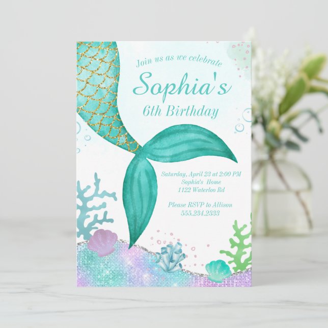Glitzer Mermaid Birthday Einladung (Stehend Vorderseite)