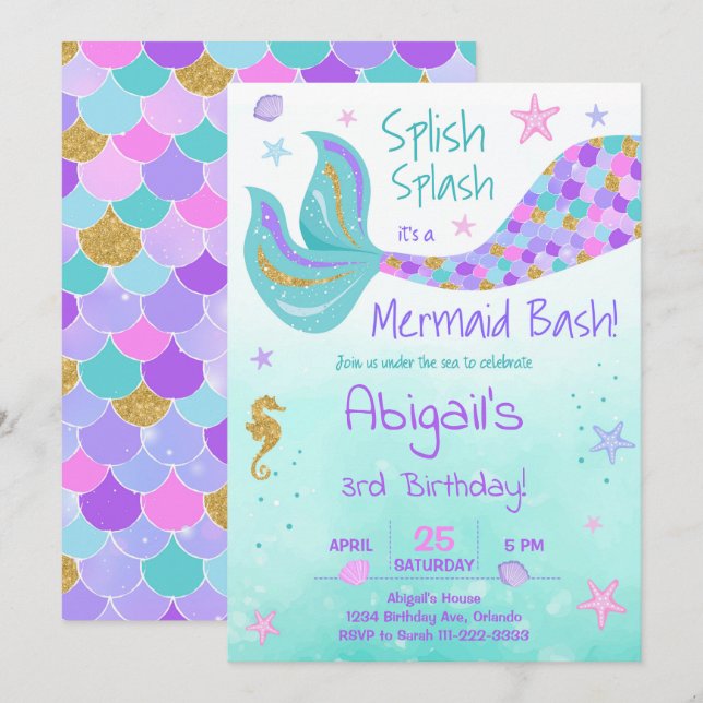 Glitzer Mermaid Schwanz Aquamarin Geburtstagsempfa Einladung (Vorne/Hinten)