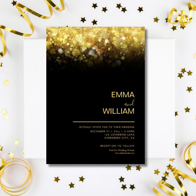 Glitzer Minimalistisch Moderne Hochzeit in Gold un Einladung (Glitter Minimalist Modern Gold and Black Wedding  Invitation )