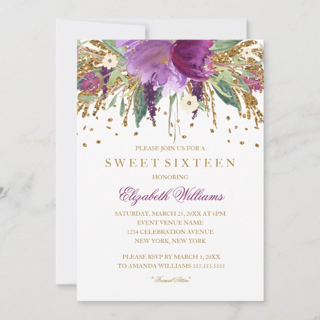 Glitzer mit Blumenmotiv Amethyst Sweet 16 Einladun Einladung (Vorderseite)