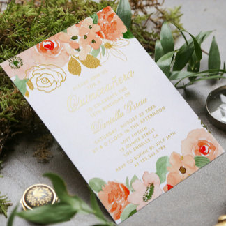 Glitzer mit Blumenmotiven Quinceñera Gold Folieneinladung