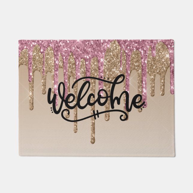 Glitzer mit rosa und goldenem Tropfen Willkommen Fußmatte (Vorderseite)