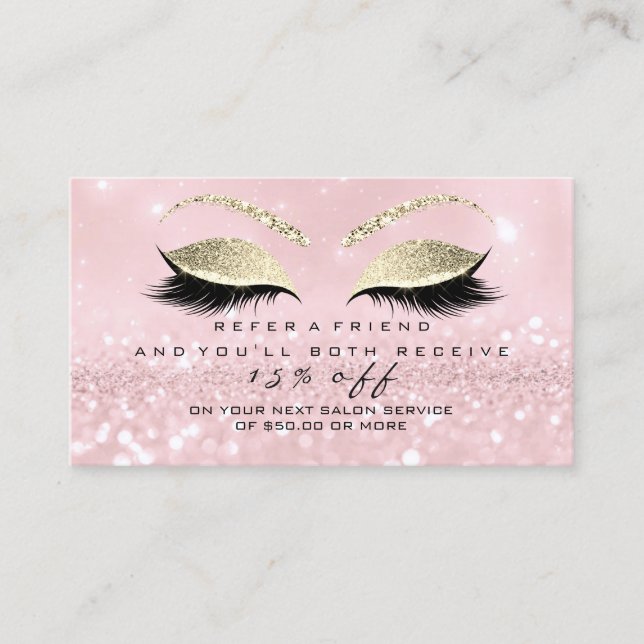 Glitzer mit Salon-Bezahlkarte Gold Pink Lashes Empfehlungskarte (Vorderseite)