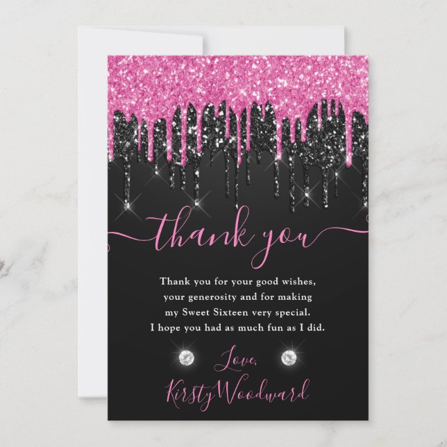 Glitzer mit schwarz-rosa Tropfen Sweet 16 Dankeskarte (Vorderseite)