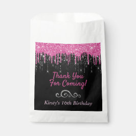 Glitzer mit schwarz-rosa Tropfen Sweet 16 Geschenktütchen