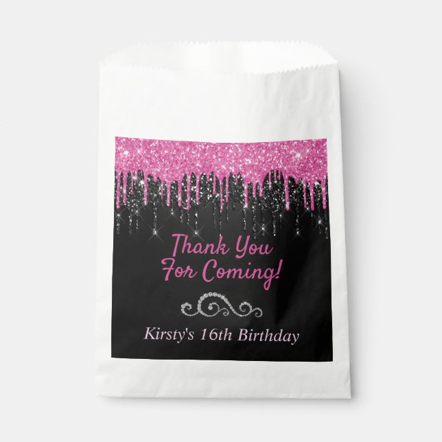 Glitzer mit schwarz-rosa Tropfen Sweet 16 Geschenktütchen (Vorderseite)