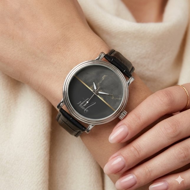 Glitzer-Monogramm aus schwarzem Marmor Armbanduhr (Von Creator hochgeladen)