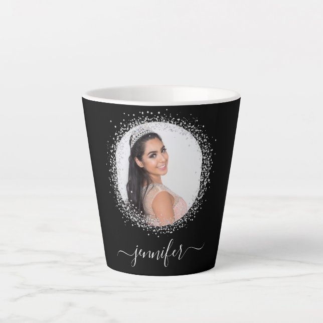 Glitzer-Namensschrift für Schwarzes Foto Milchtasse (Vorderseite)