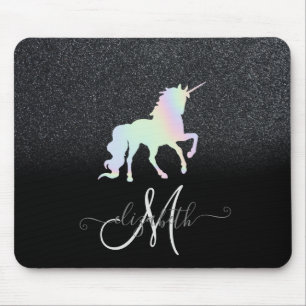 Glitzer Ombre Black Monogram Holographic Unicorn Mousepad